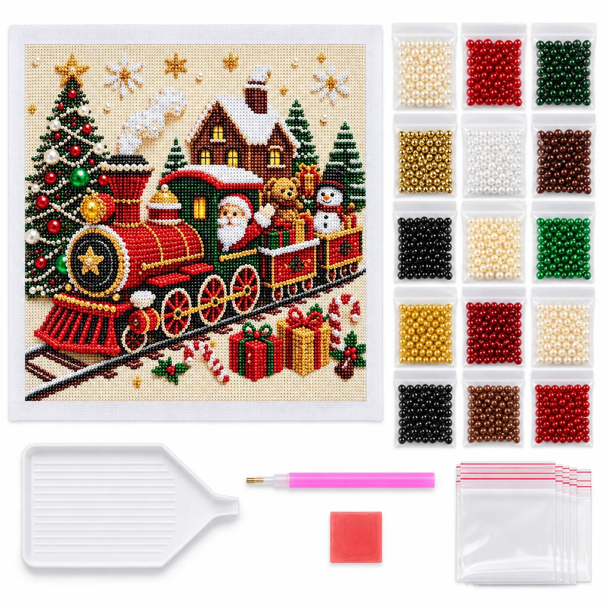 Christmas Train Pearl Diamond Painting Kit - kit flat lay