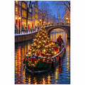 Original illustration of a Christmas tree being carried by a small canal barge through a glowing old European town, on a white background
