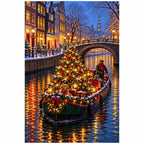 Original illustration of a Christmas tree being carried by a small canal barge through a glowing old European town, on a white background