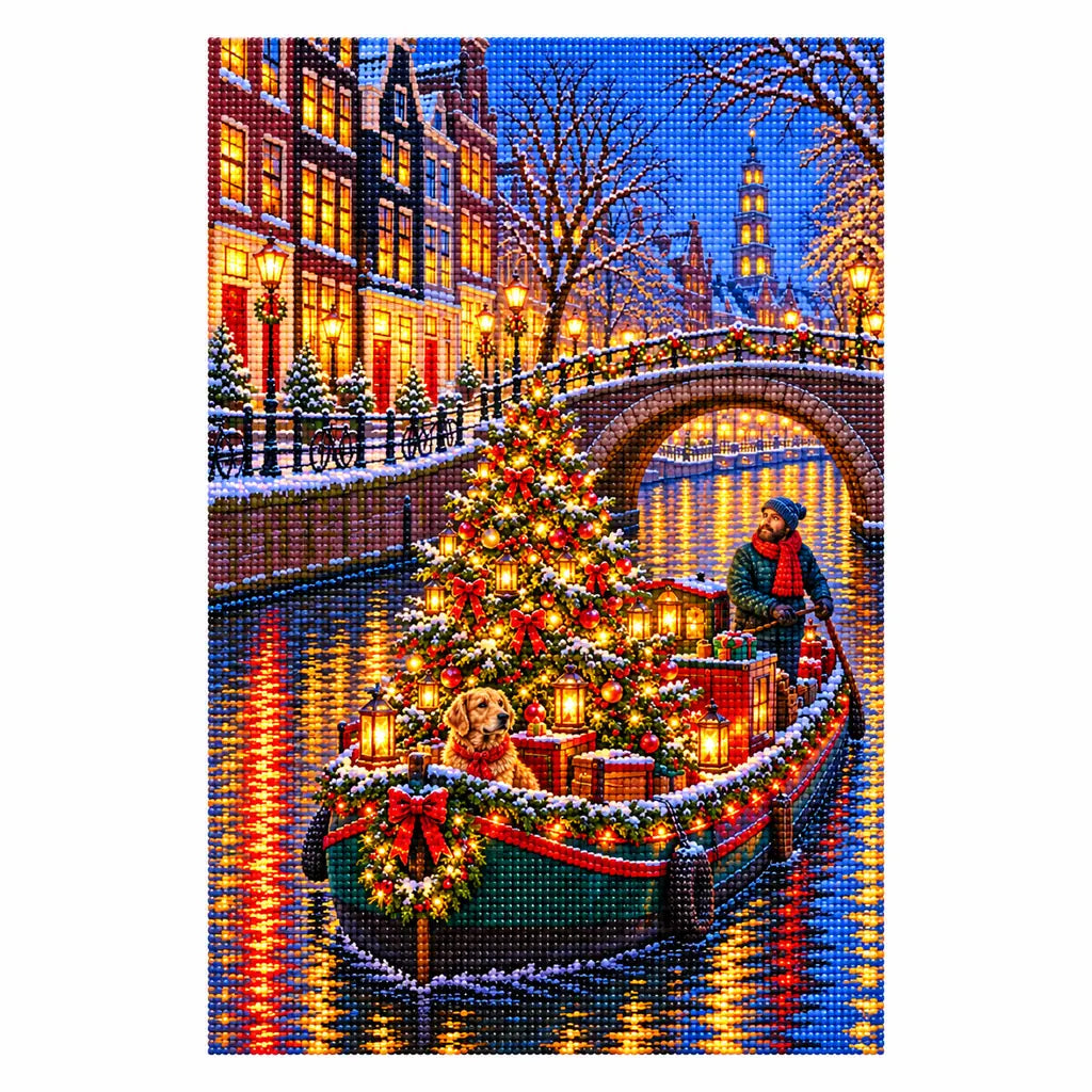 Finished diamond painting of a decorated Christmas tree on a canal barge beneath an illuminated stone bridge