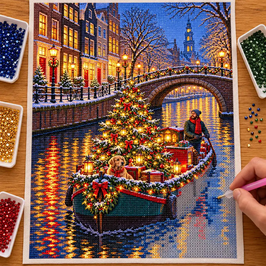 Hand placing diamond drills on the Christmas canal barge canvas
