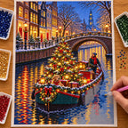 Hand placing diamond drills on the Christmas canal barge canvas
