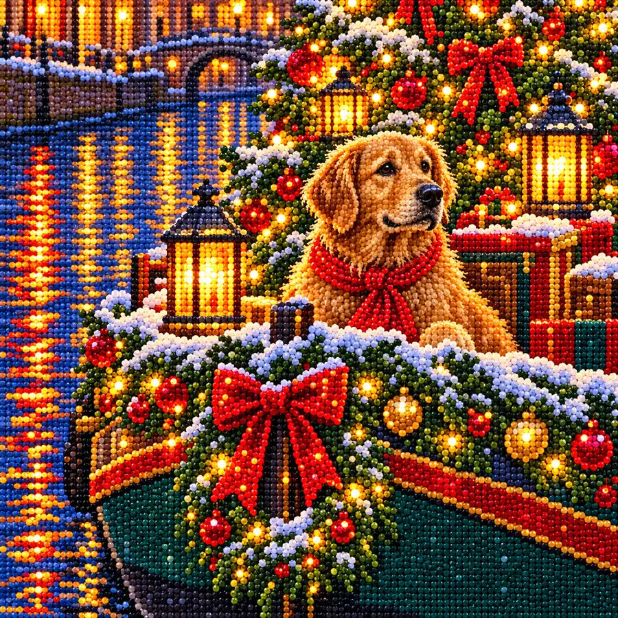 Close-up of the decorated tree, dog, and canal barge formed with diamond drills