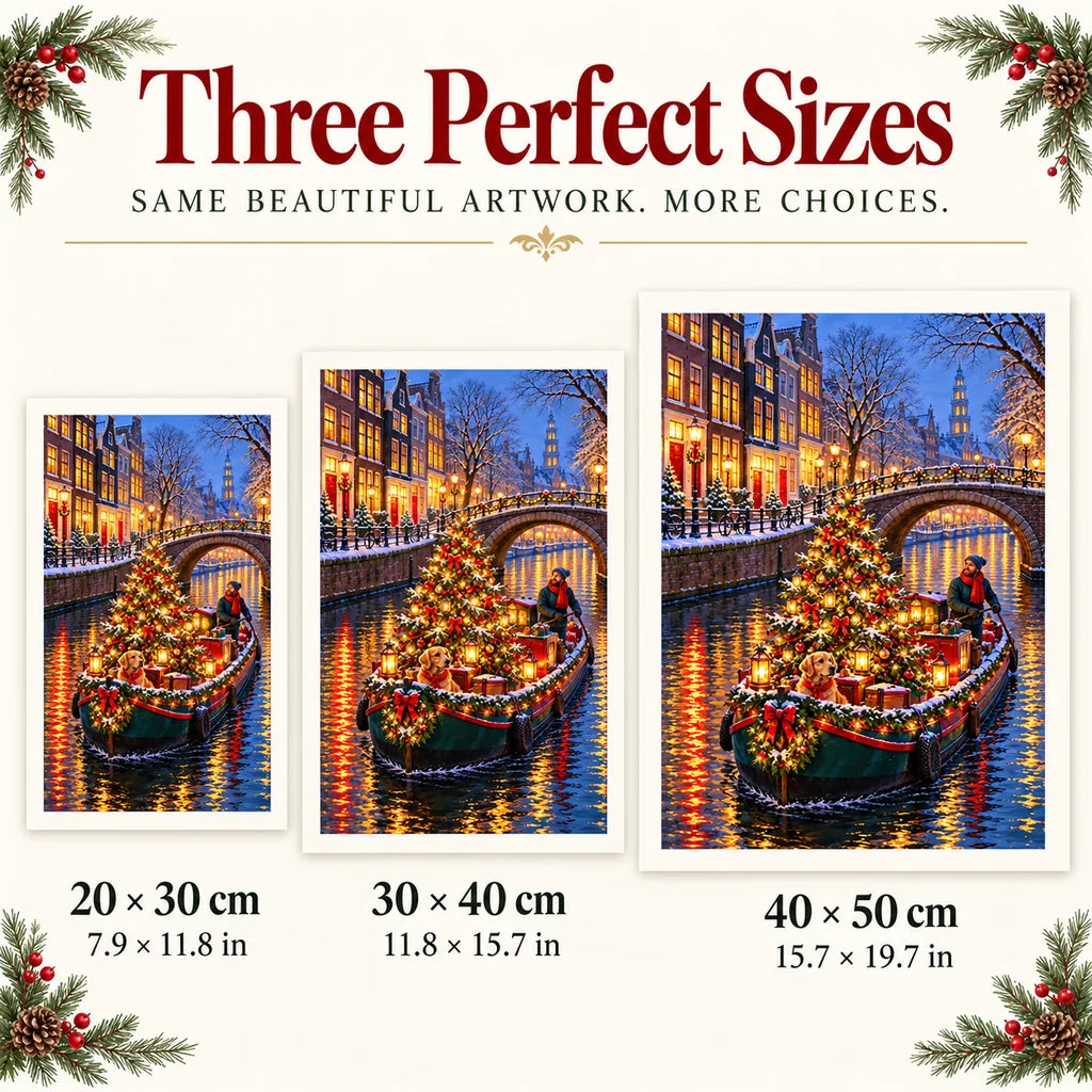 Portrait size guide for the Christmas canal barge design: 20 × 30, 30 × 40, and 40 × 50 cm