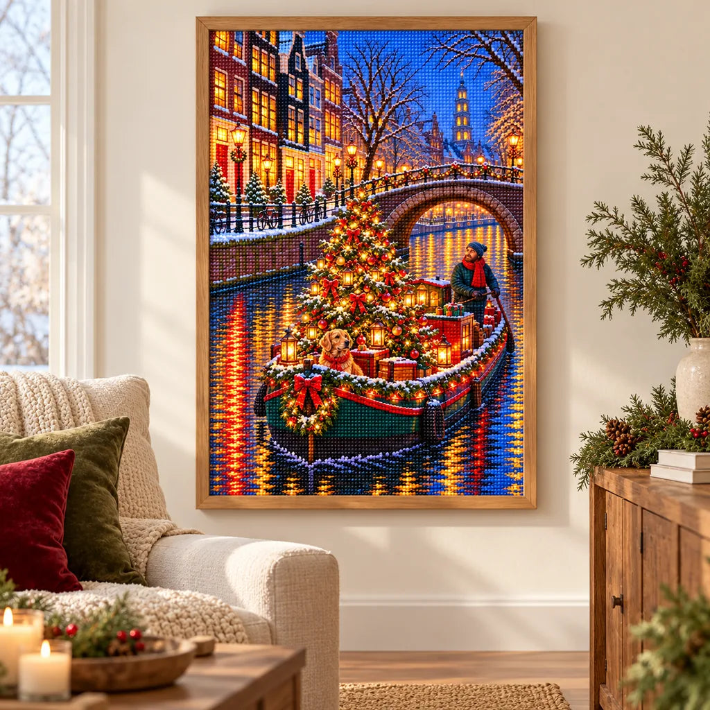 Framed Christmas canal barge diamond painting displayed in a warm home interior