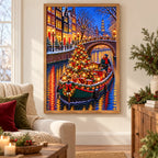 Framed Christmas canal barge diamond painting displayed in a warm home interior