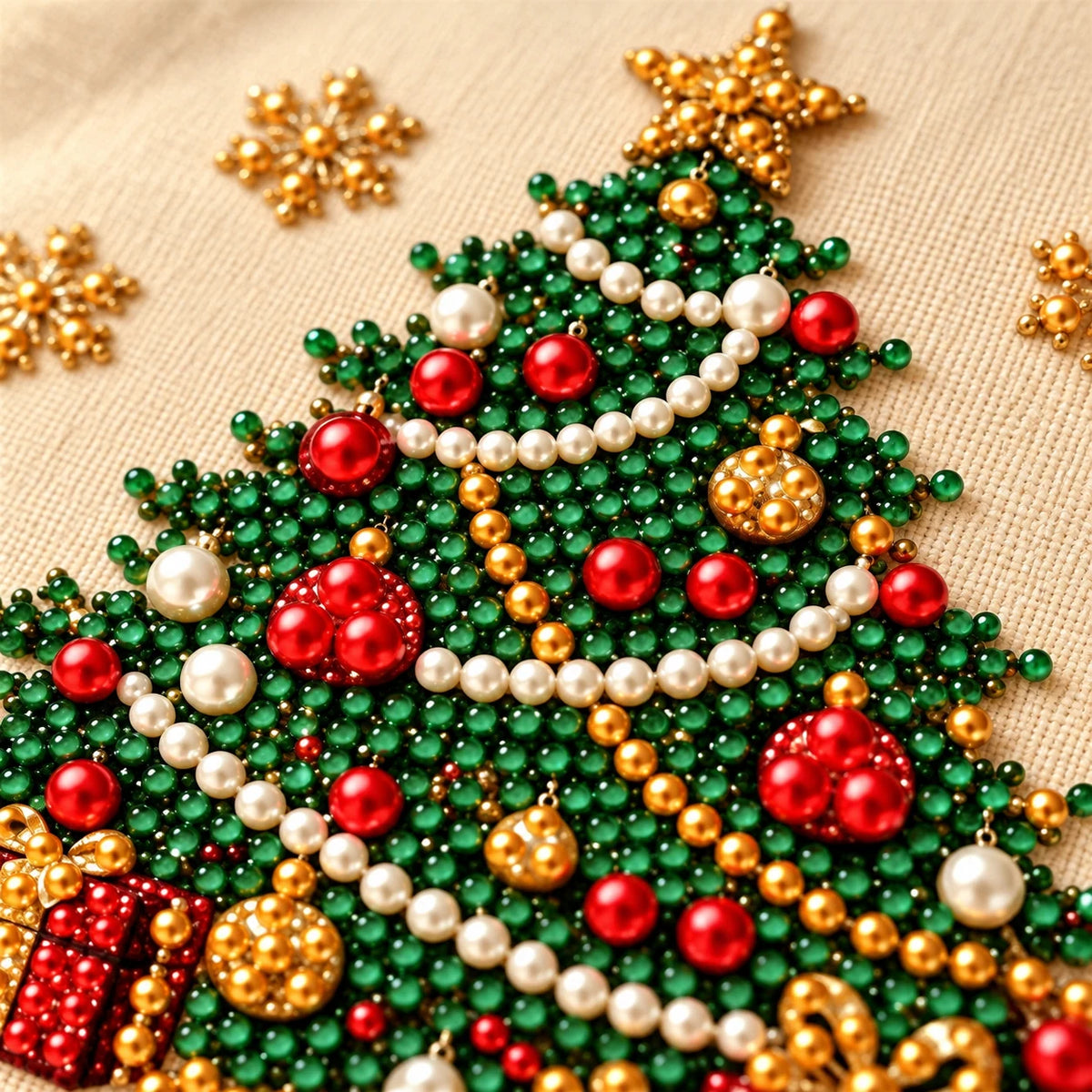 Christmas Tree Gifts pearl and canvas texture close-up, illustrative detail