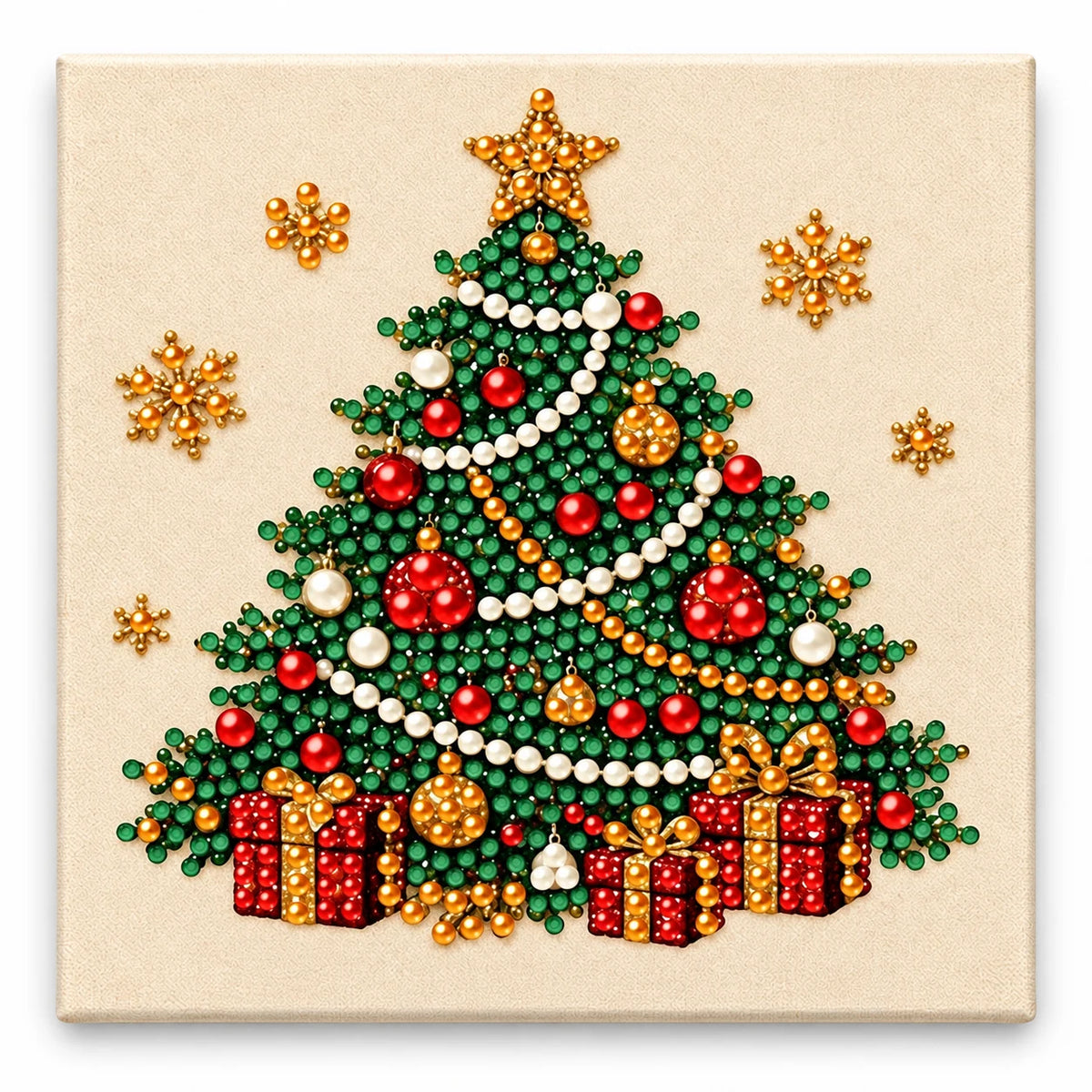 Christmas Tree Gifts pearl painting on a cream canvas, finished-effect illustration