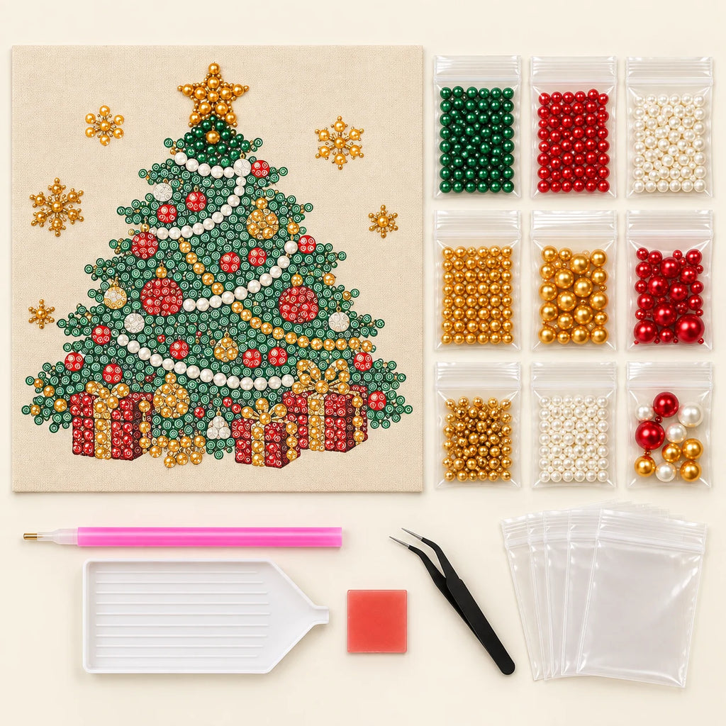 Christmas Tree Gifts canvas, matching pearls and DIY placement tools; kit illustration