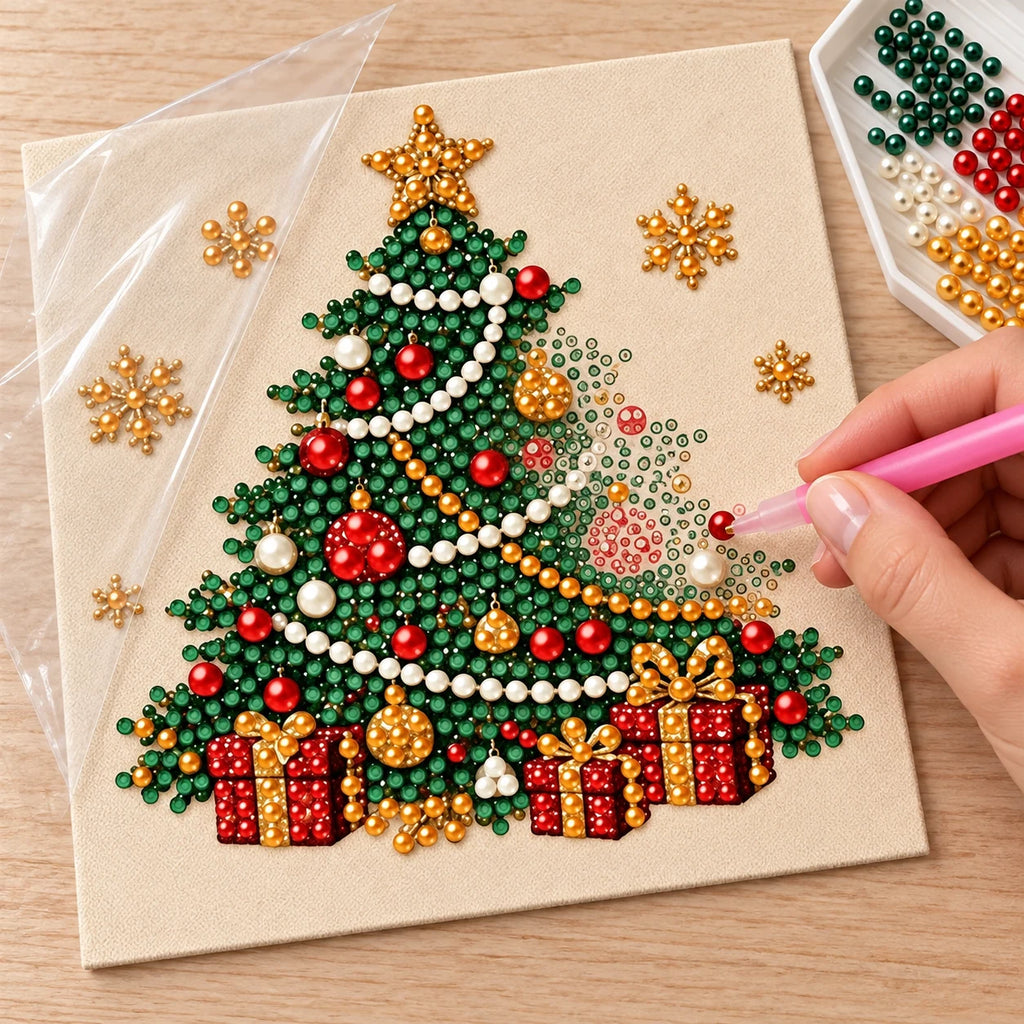 Illustrated process of placing pearls on the Christmas Tree Gifts printed canvas