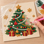 Illustrated process of placing pearls on the Christmas Tree Gifts printed canvas