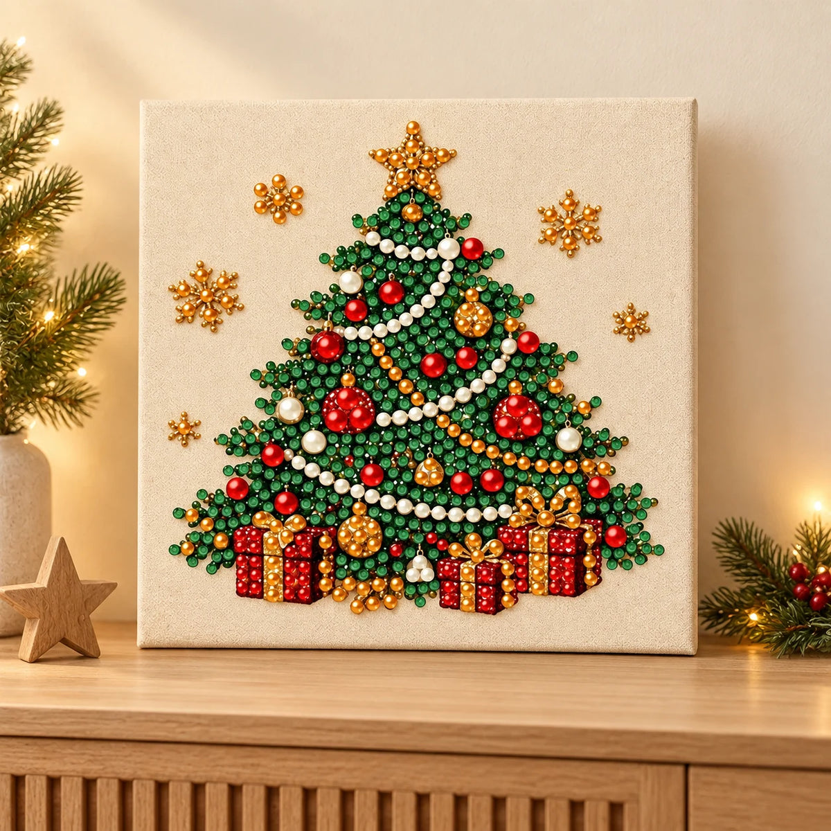 Christmas Tree Gifts finished-effect illustration in a holiday room; props not included