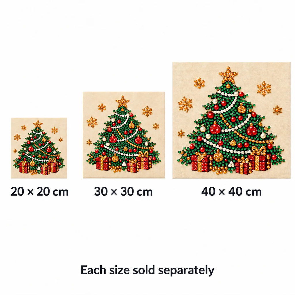 Christmas Tree Gifts size options: 20 × 20, 30 × 30 and 40 × 40 cm; each sold separately. Illustrative comparison.