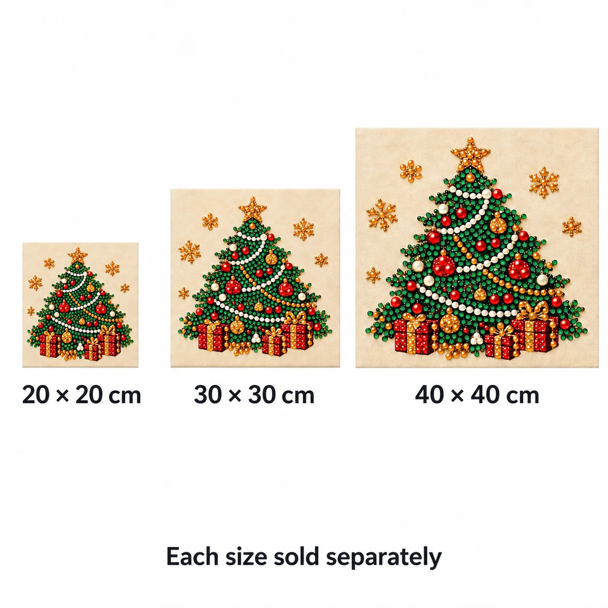 Christmas Tree Gifts size options: 20 × 20, 30 × 30 and 40 × 40 cm; each sold separately. Illustrative comparison.