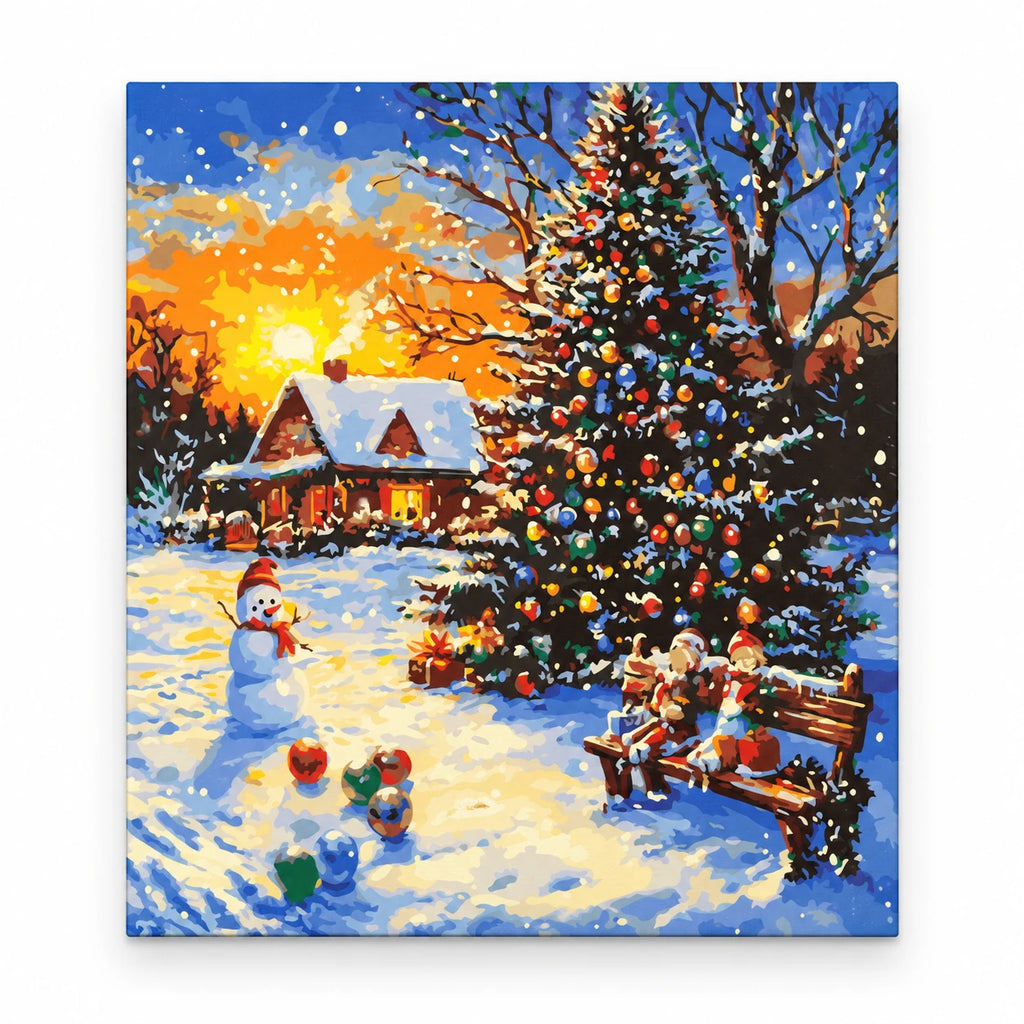 Christmas Tree Snow Day paint by numbers artwork on a front-facing canvas against a white background