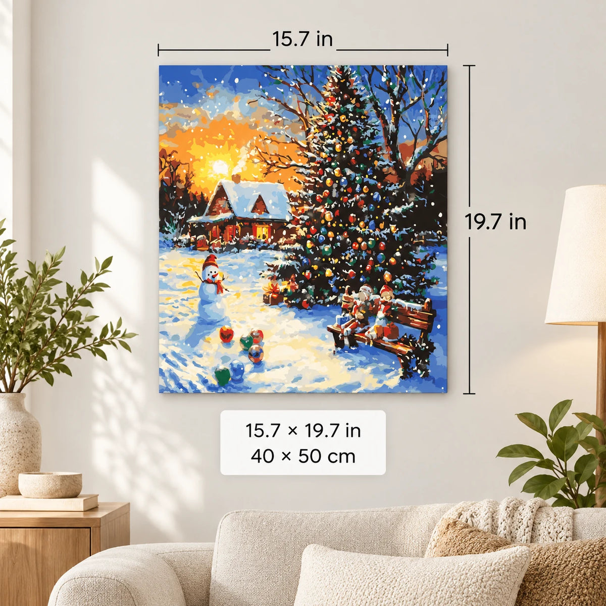 Christmas Tree Snow Day shown in a styled room with 15.7 x 19.7 in and 40 x 50 cm dimensions