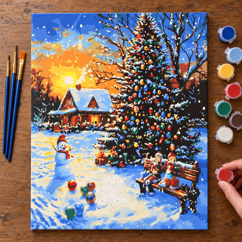 Complete Christmas Tree Snow Day numbered canvas being painted with acrylic paints and brushes