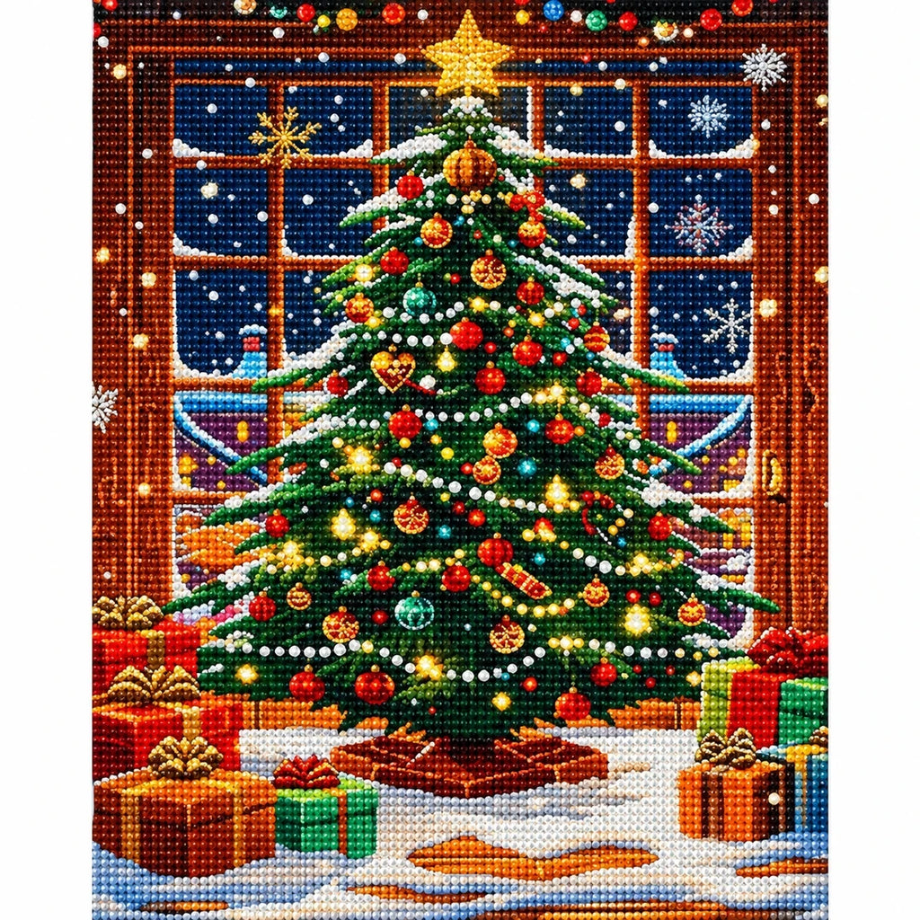 Christmas Tree Window Diamond Painting Kit finished diamond artwork on white background