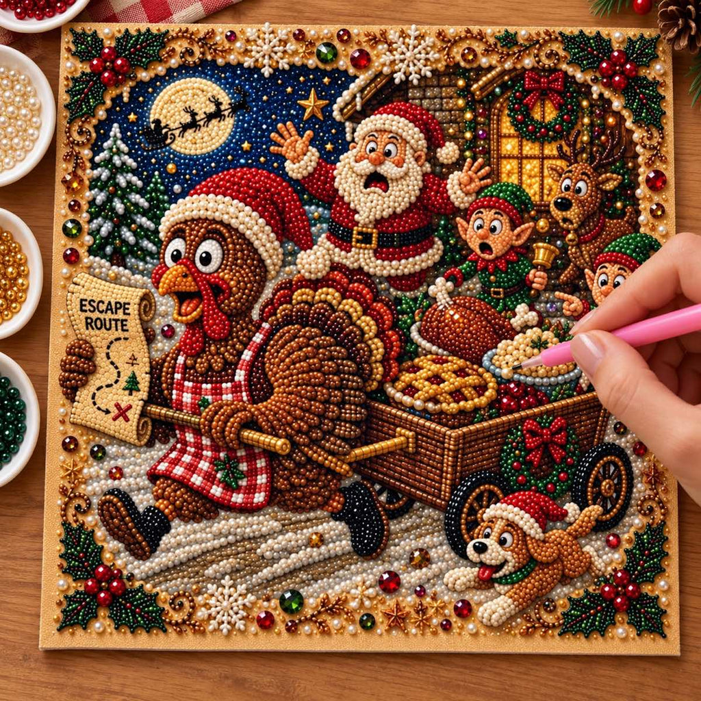Christmas Turkey Escape Pearl Diamond Painting Kit process