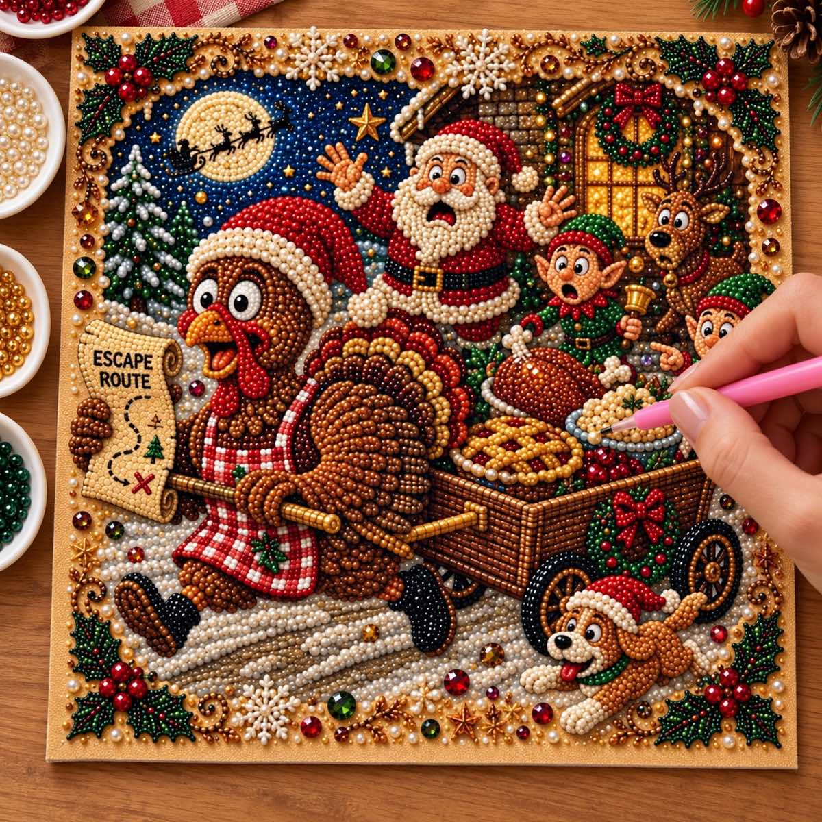 Christmas Turkey Escape Pearl Diamond Painting Kit process