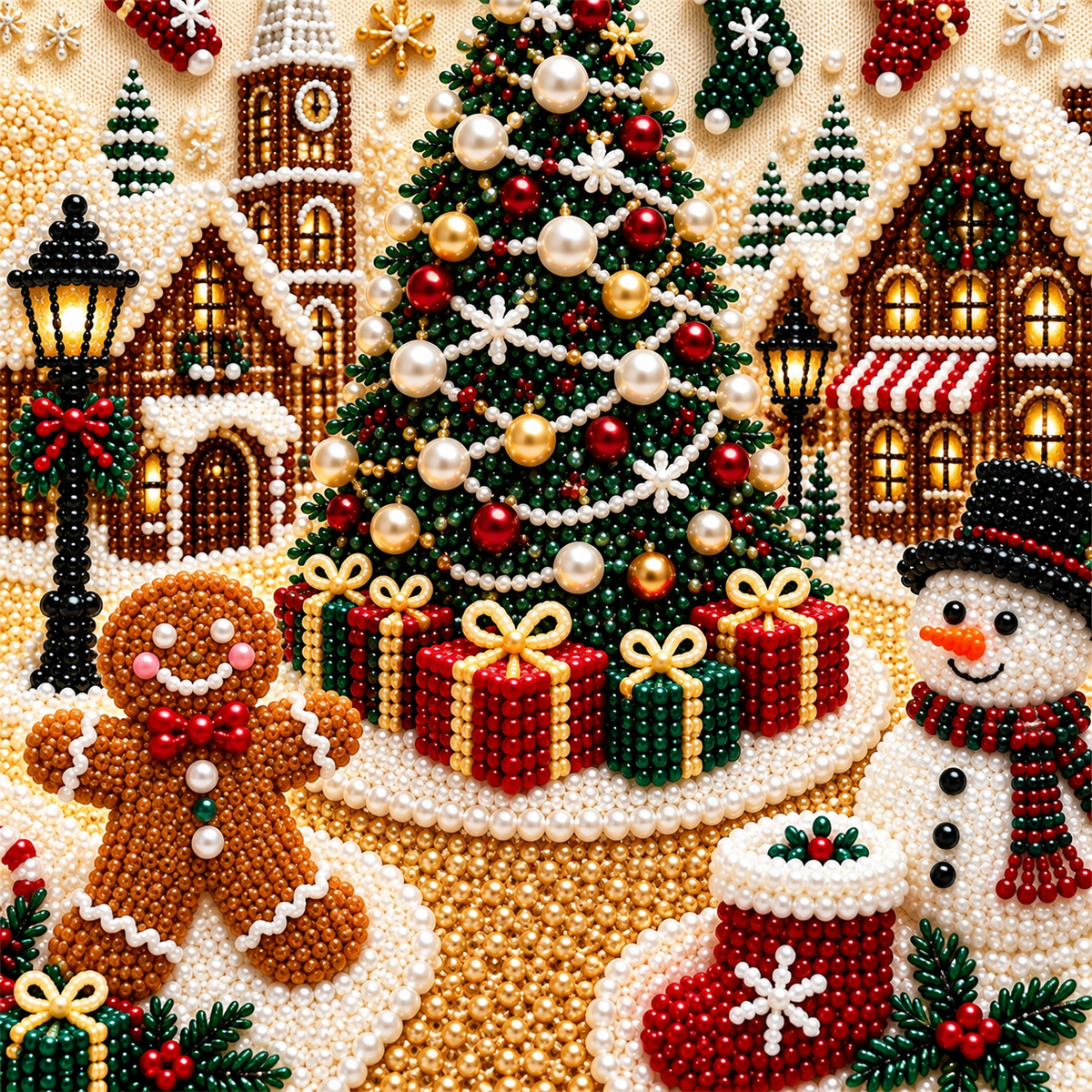 Christmas Village Tree Snowman Pearl Diamond Painting Kit detail image