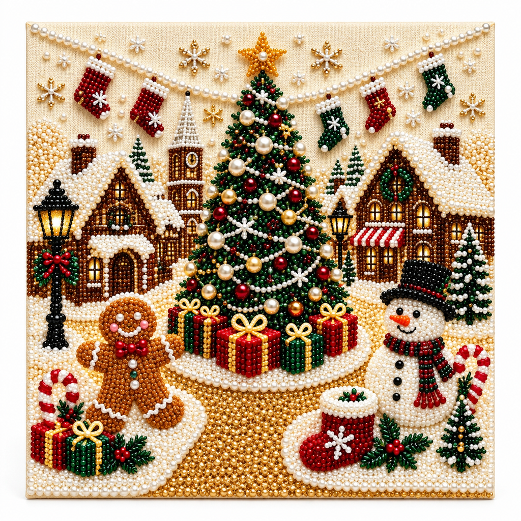Christmas Village Tree Snowman Pearl Diamond Painting Kit hero image