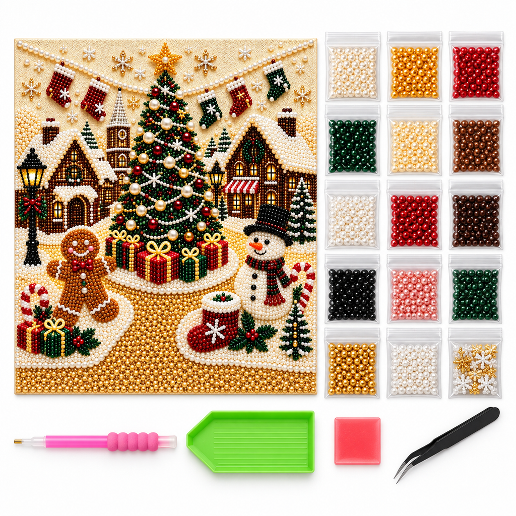 Christmas Village Tree Snowman Pearl Diamond Painting Kit kit image