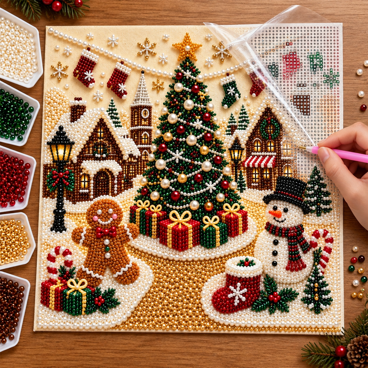Christmas Village Tree Snowman Pearl Diamond Painting Kit process image