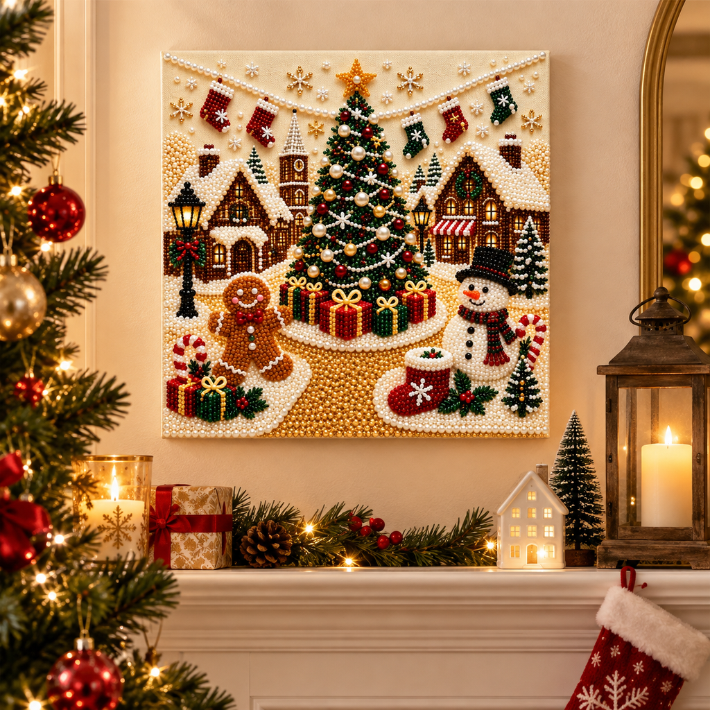 Christmas Village Tree Snowman Pearl Diamond Painting Kit room image