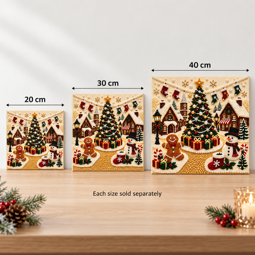 Christmas Village Tree Snowman Pearl Diamond Painting Kit size image
