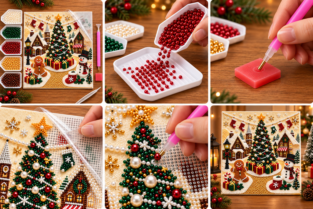 Christmas Village Tree Snowman Pearl Diamond Painting Kit tutorial image