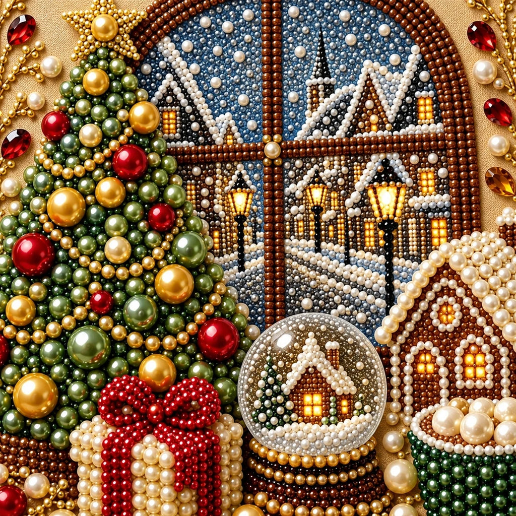 Close-up of pearl beads and winter village window design