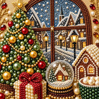 Close-up of pearl beads and winter village window design