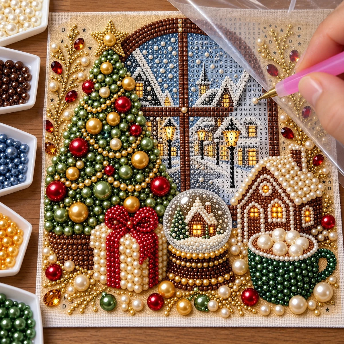 Making the Christmas Village Window pearl painting with protective film and dotting pen