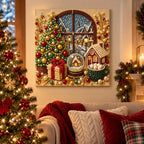 Finished Christmas Village Window pearl painting displayed in a holiday room