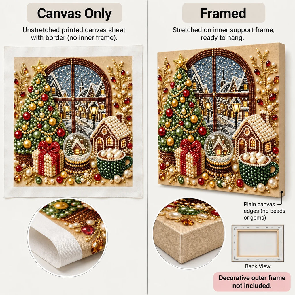 Canvas Only and Framed options for Christmas Village Window pearl painting; decorative outer frame not included