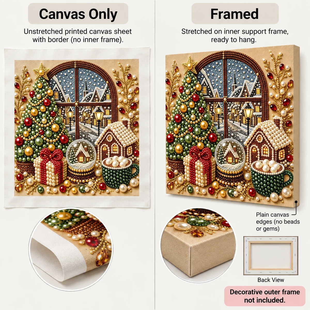 Canvas Only and Framed options for Christmas Village Window pearl painting; decorative outer frame not included