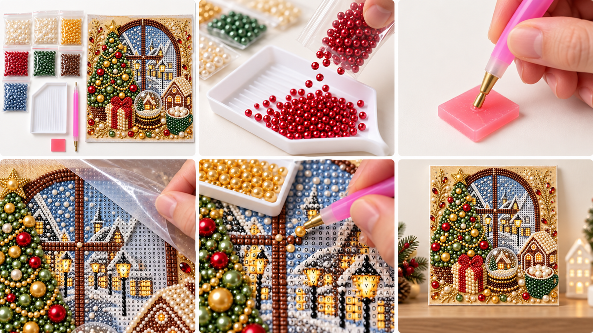 Six-step tutorial showing how to make the Christmas Village Window pearl painting
