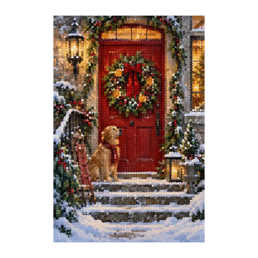 White-background finished diamond painting of christmas wreath on a door
