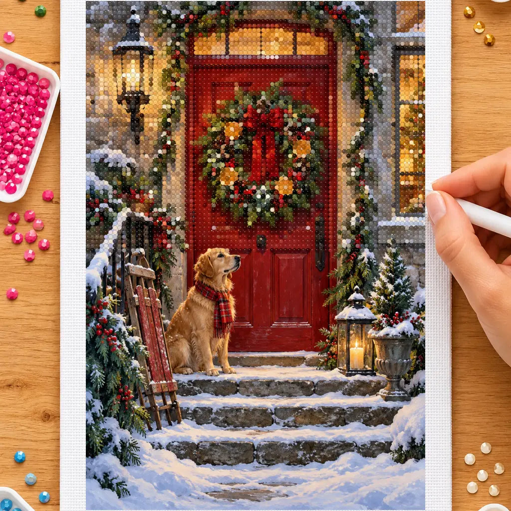 Hands placing drills on the christmas wreath on a door diamond painting canvas