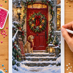 Hands placing drills on the christmas wreath on a door diamond painting canvas