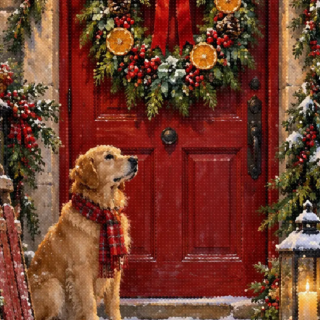 Close-up diamond detail of the christmas wreath on a door diamond painting