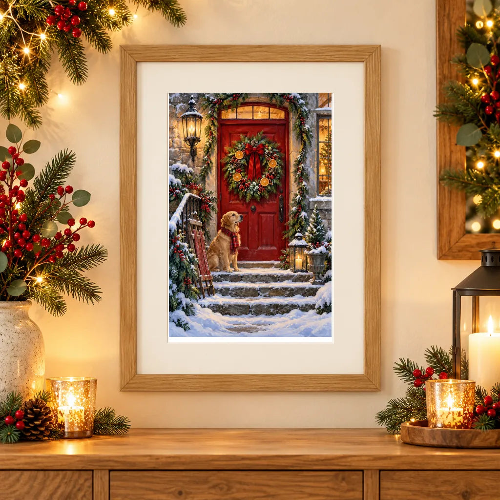 Framed home display of the christmas wreath on a door diamond painting