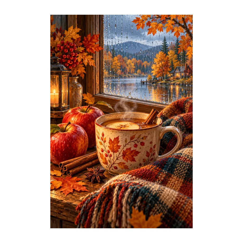 White-background original artwork of cinnamon cider by a winter window