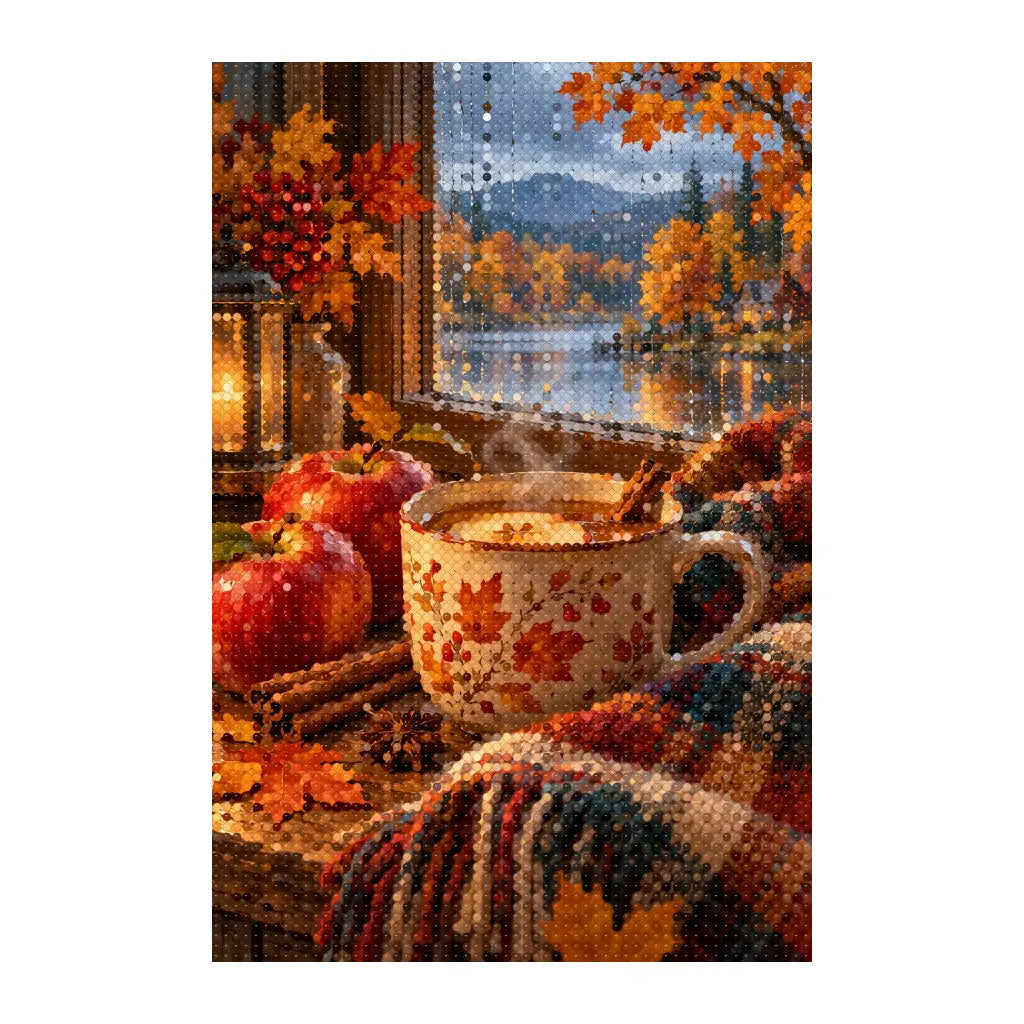 White-background finished diamond painting of cinnamon cider by a winter window