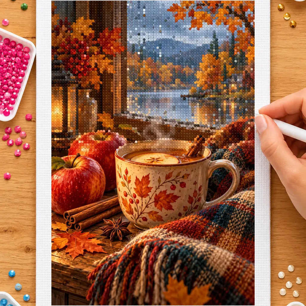 Hands placing drills on the cinnamon cider by a winter window diamond painting canvas