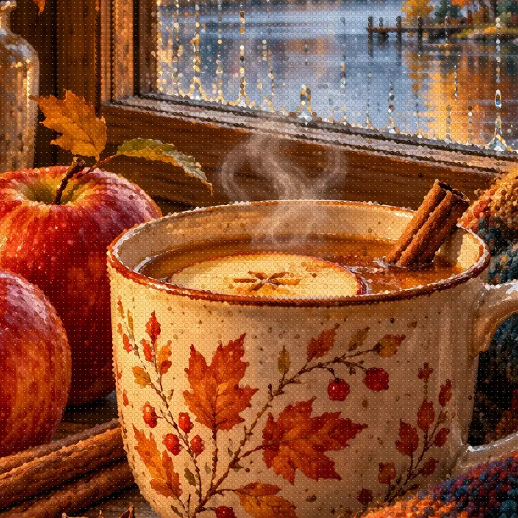 Close-up diamond detail of the cinnamon cider by a winter window diamond painting