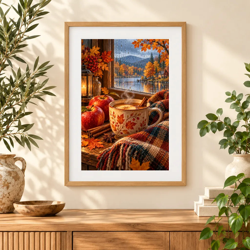 Framed home display of the cinnamon cider by a winter window diamond painting