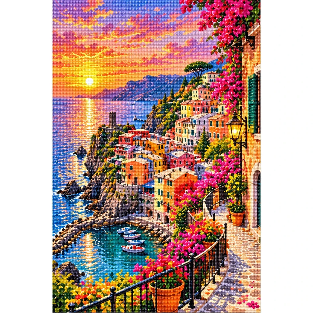 Cinque Terre Italy Sunset finished diamond painting on white