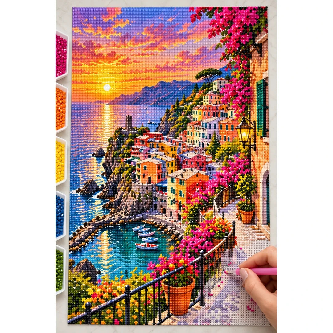 Cinque Terre Italy Sunset diamond painting process